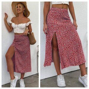 Shein Ditsy Floral Red White Split Thigh High Waist Midi Slip Skirt